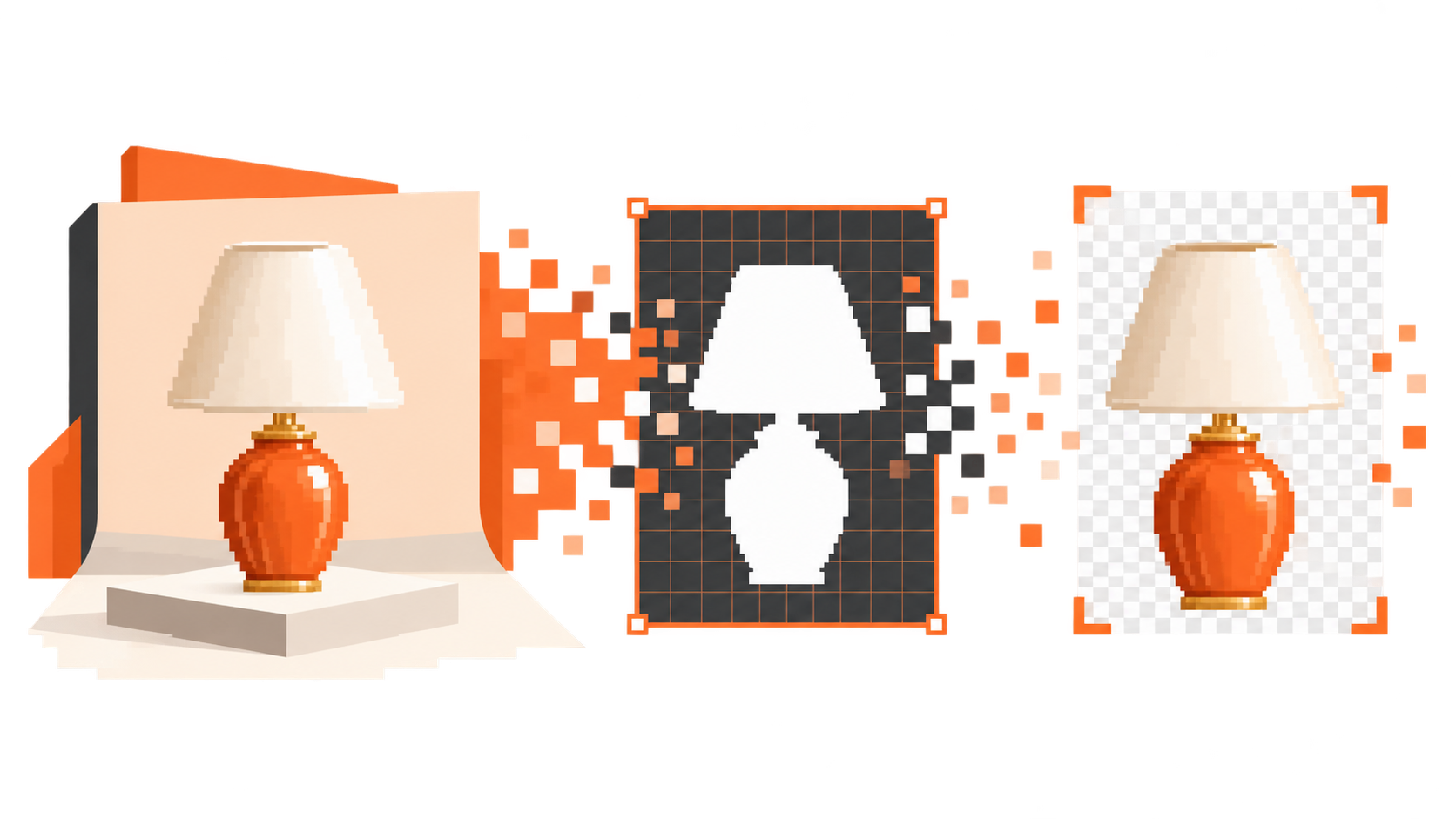 An 8-bit product image moving from source to isolated subject and transparent output