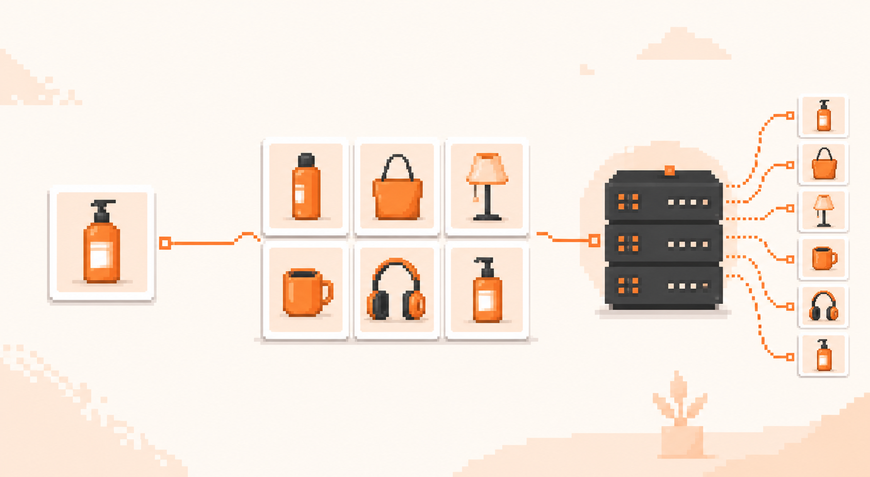 An 8-bit progression from one product image to a batch and automated output