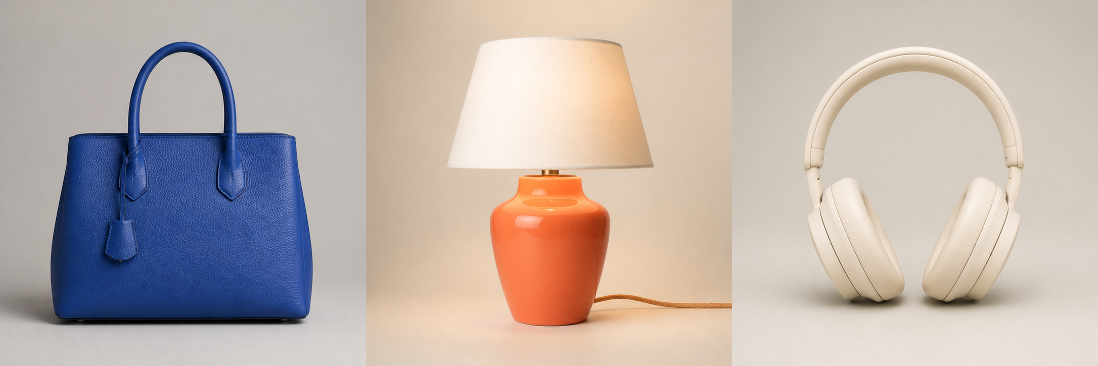 Three catalog inputs: a handbag, table lamp, and headphones